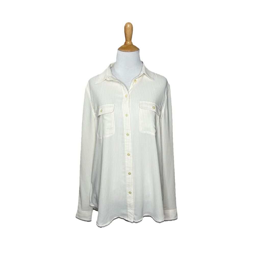 LOFT Sheer Metallic White Vertical Striped Long Sleeve Button Down Shirt Sz Med